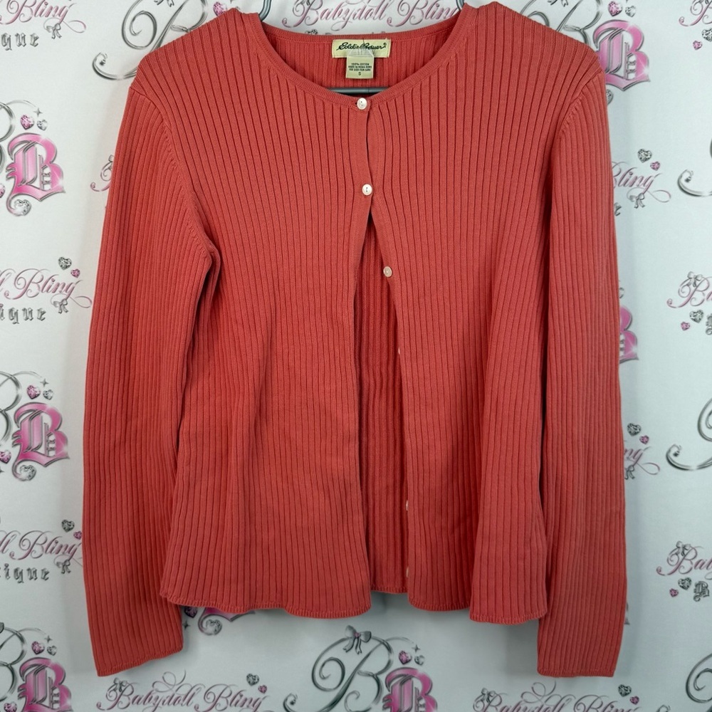 Eddie Bauer cardigan button up vintage red orange Coral Ribbed Sweater